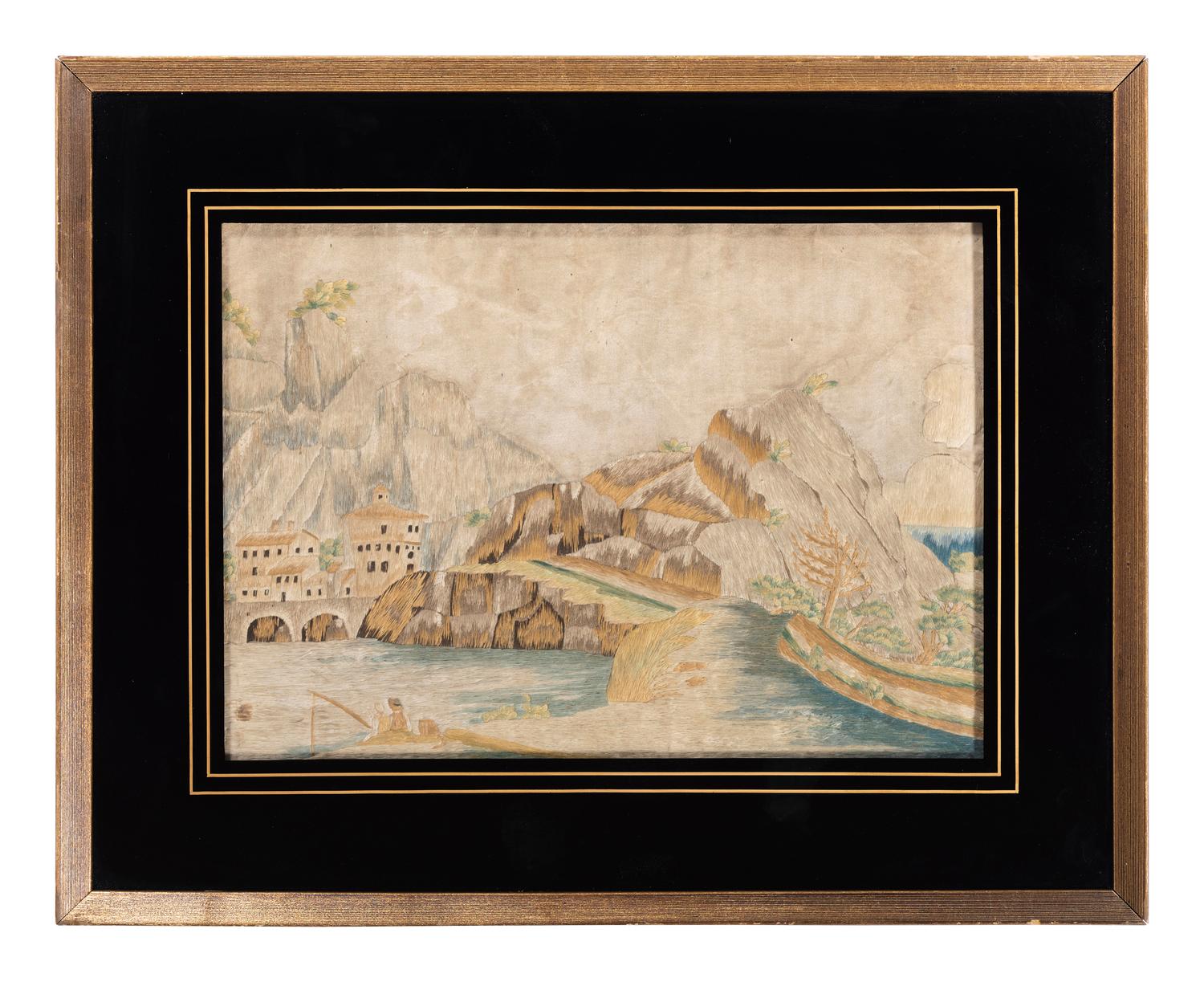 A Needlework Embroidered Picture of Fishermen in a Mountainous Landscape