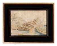 A Needlework Embroidered Picture of Fishermen in a Mountainous Landscape
