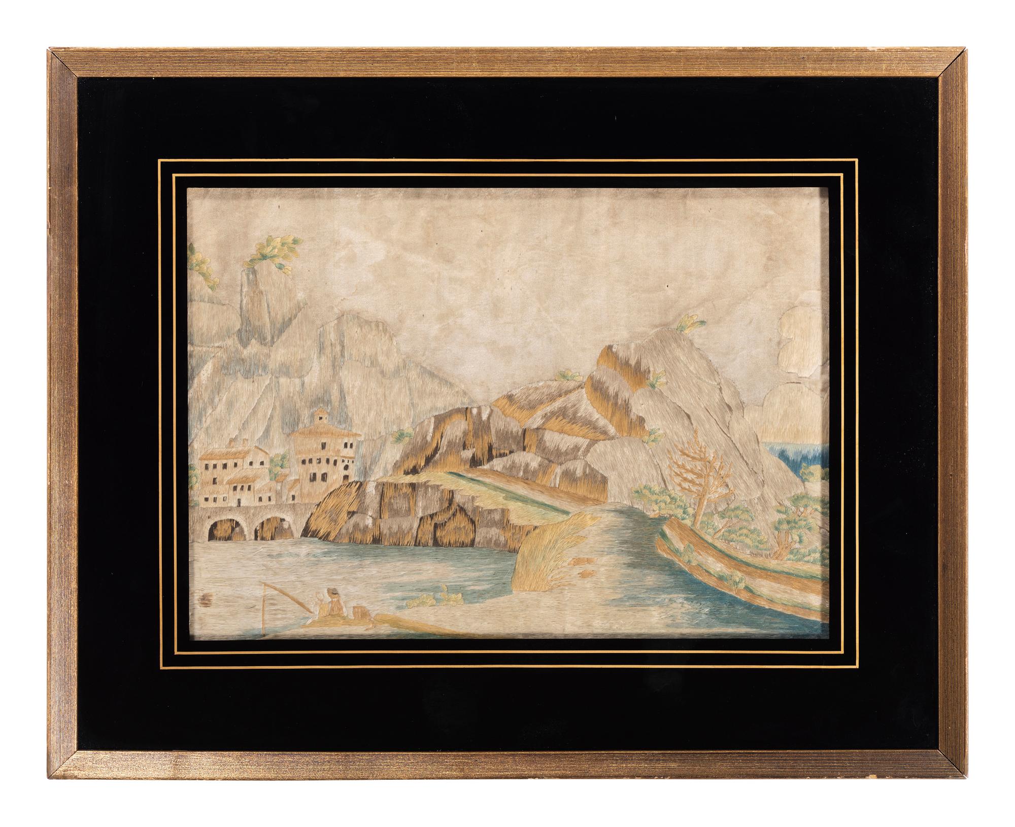A Needlework Embroidered Picture of Fishermen in a Mountainous Landscape