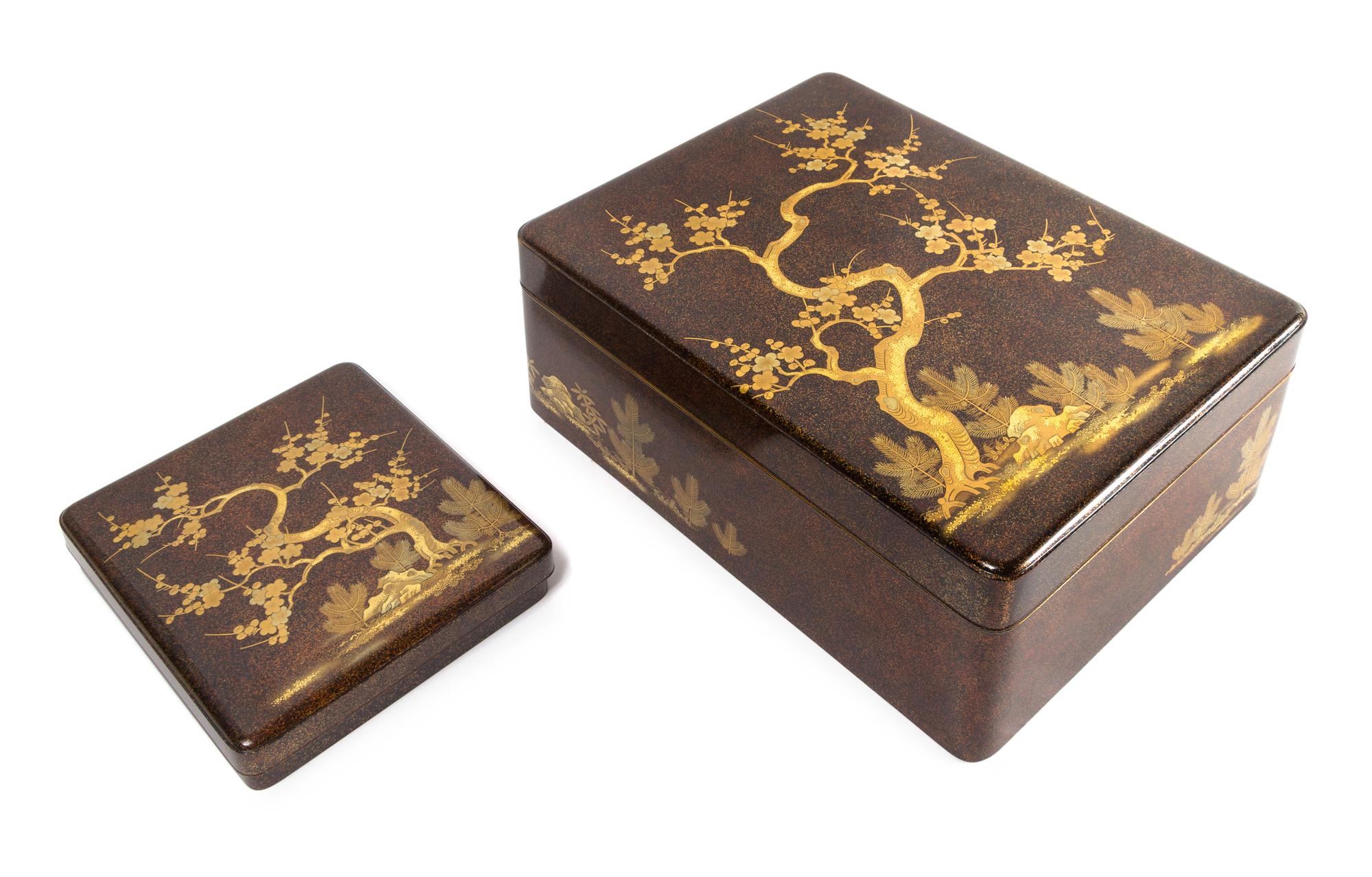 A Lacquer Writing Box, Suzuribako, and Matching Document Box, Ryoshibako Height of largest 6 1/2 x width 12 1/2 x depth 16 inches.