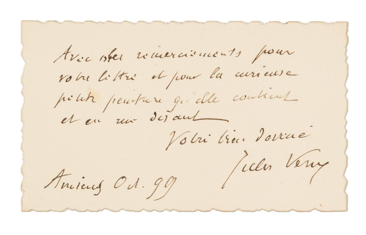 VERNE, Jules (1828-1905). Autograph note signed ("Jules Verne"), in French. Amiens, October 1899.