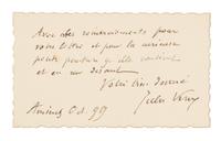 VERNE, Jules (1828-1905). Autograph note signed ("Jules Verne"), in French. Amiens, October 1899.