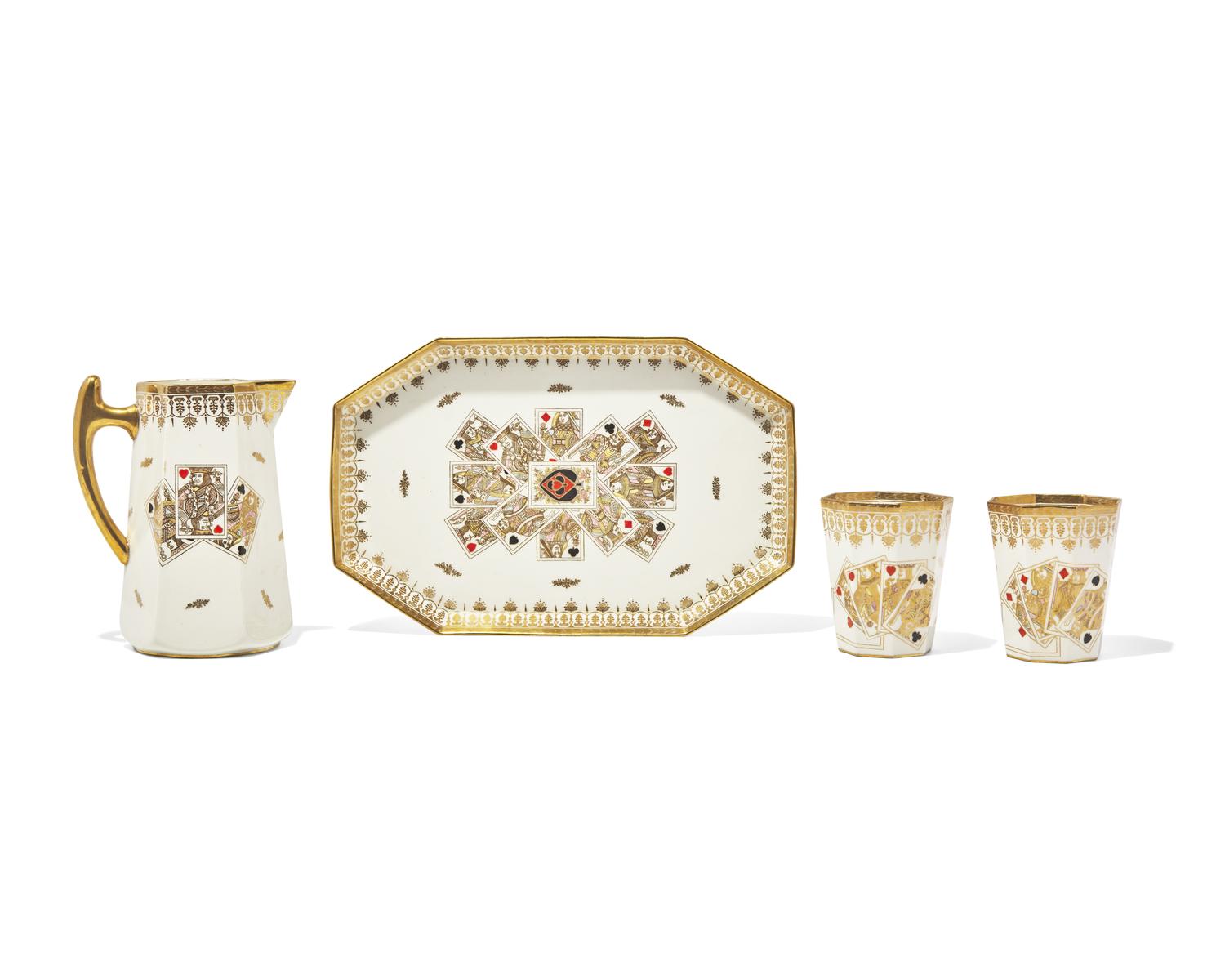 A Wedgwood Enamel and Gilt Decorated Porcelain Four-Piece Drink Service