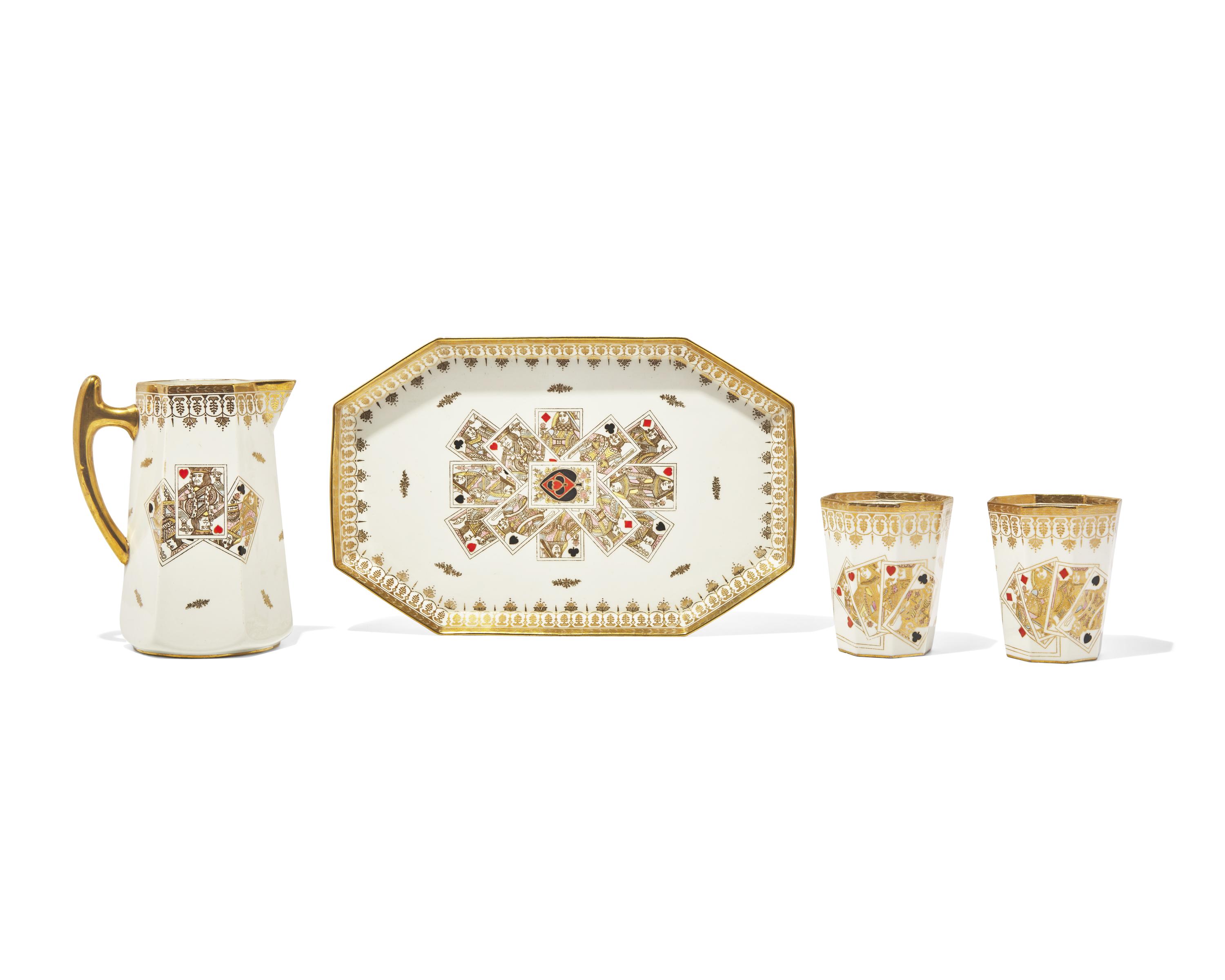 A Wedgwood Enamel and Gilt Decorated Porcelain Four-Piece Drink Service