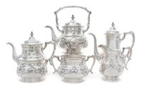 A Gorham Athenic Silver Six-Piece Tea and Coffee Service, Gorham Mfg. Co., Providence, RI, Early 20th Century, comprising a water kettl