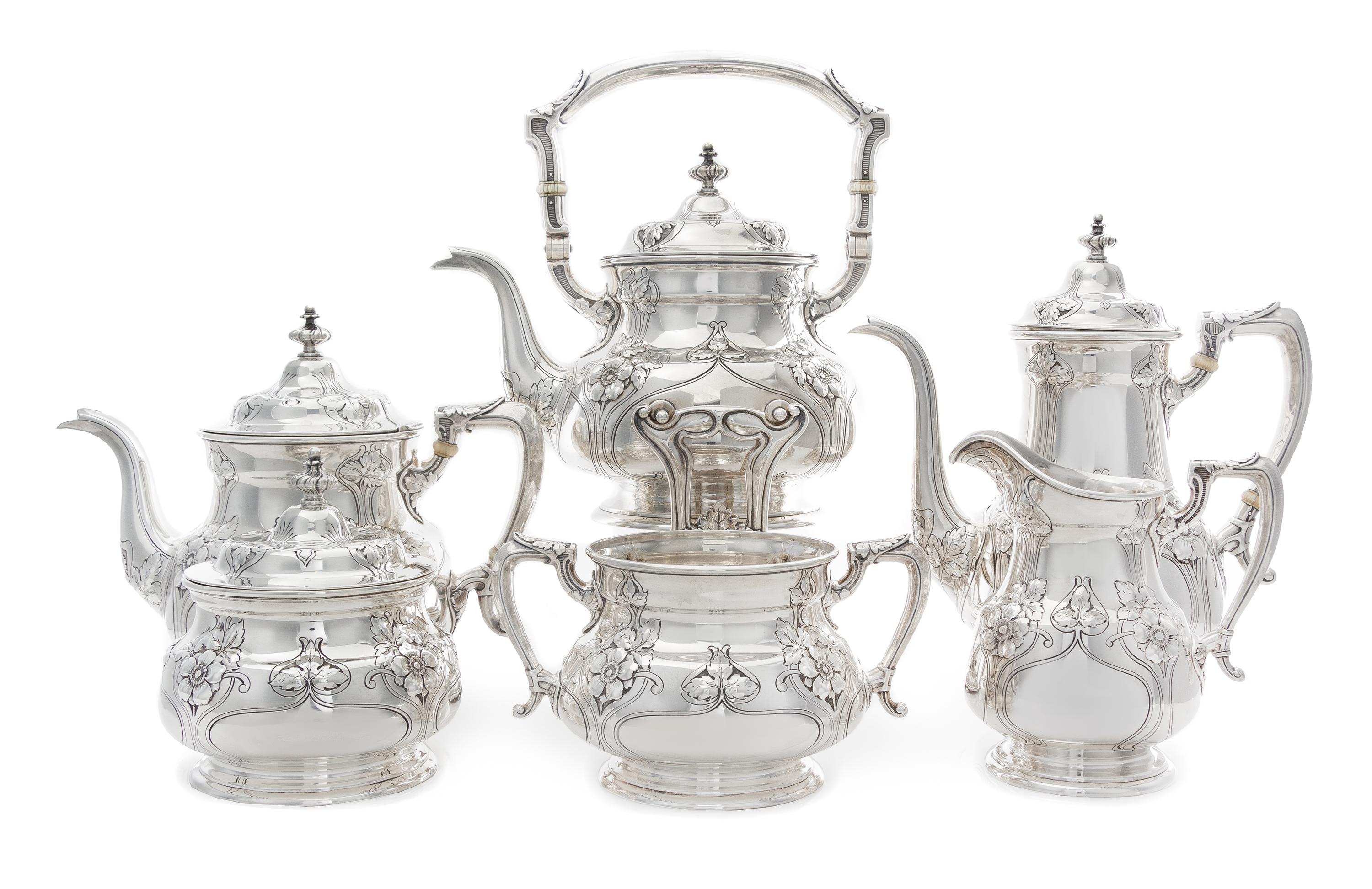A Gorham Athenic Silver Six-Piece Tea and Coffee Service, Gorham Mfg. Co., Providence, RI, Early 20th Century, comprising a water kettl