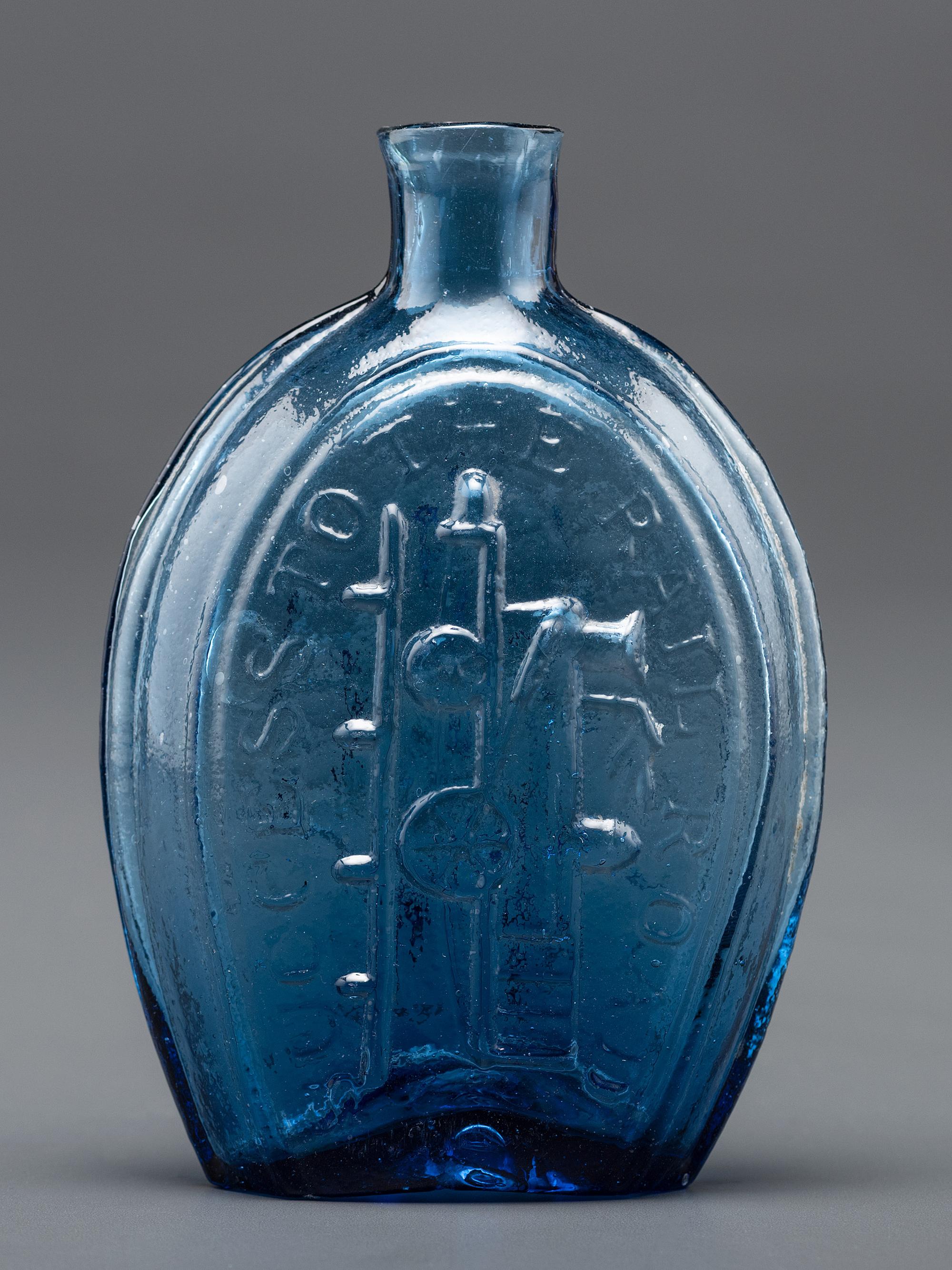 A New York Molded-Glass Flask in Light Sapphire Blue by Lancaster Glass Works