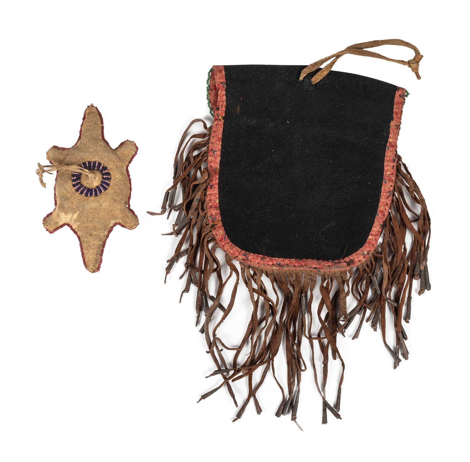 Northern Plains Beaded Hide Umbilical Fetish AND Plains Cree Beaded Bag