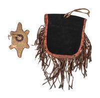 Northern Plains Beaded Hide Umbilical Fetish AND Plains Cree Beaded Bag
