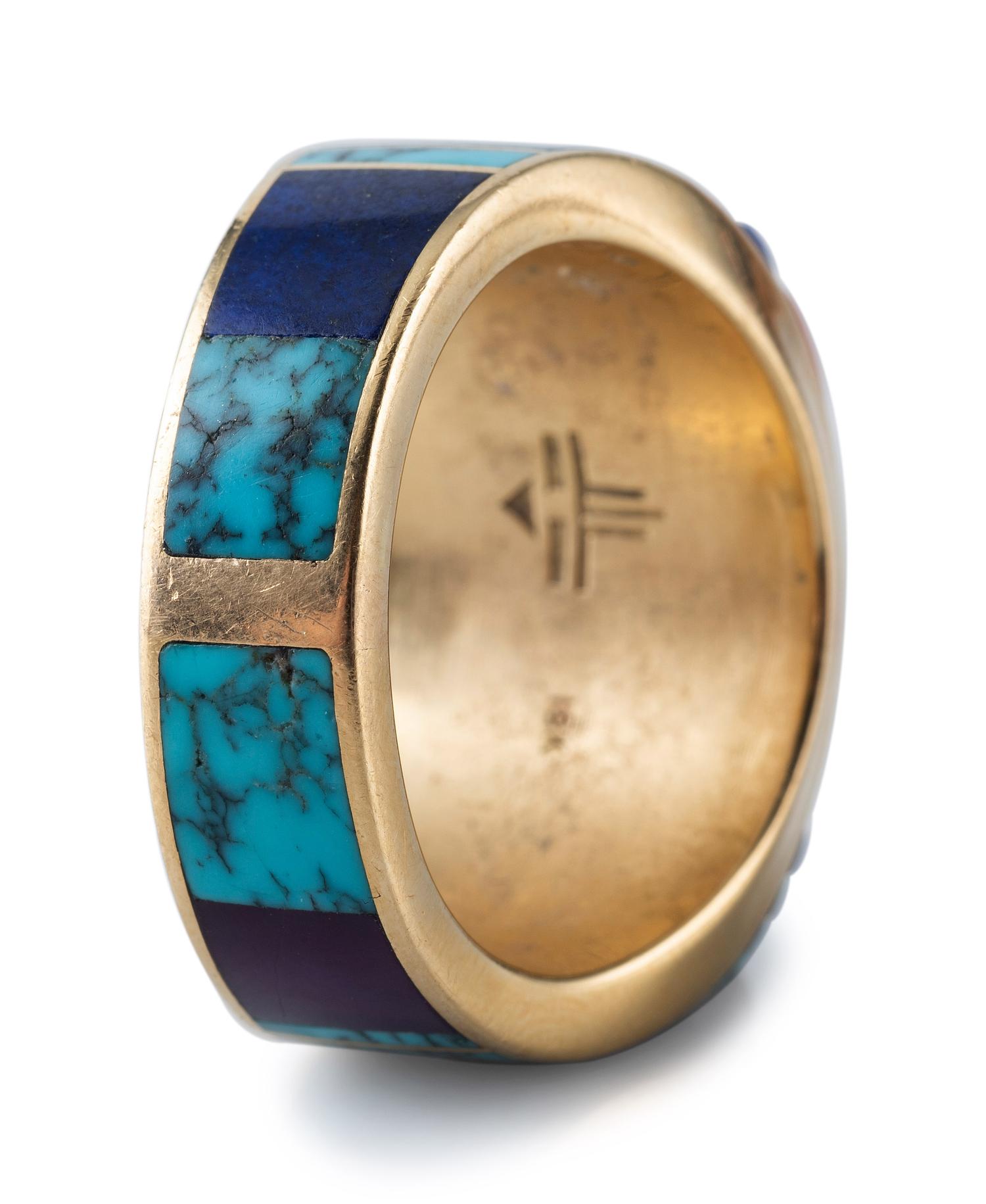 18K Gold Ring, Set with Turquoise, Coral, Lapis, and Sugilite