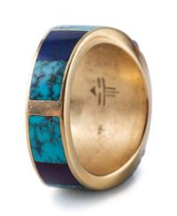 18K Gold Ring, Set with Turquoise, Coral, Lapis, and Sugilite
