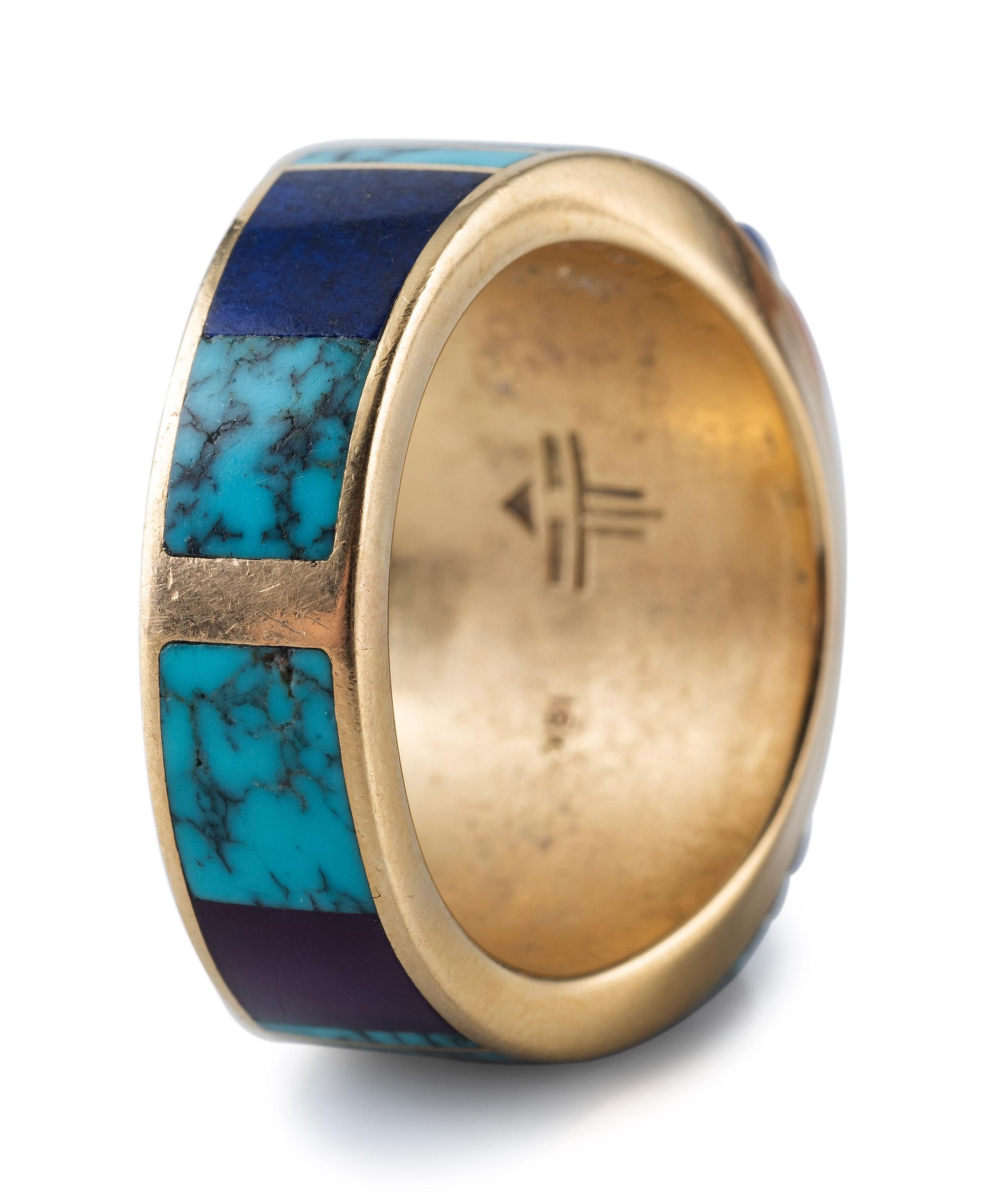 18K Gold Ring, Set with Turquoise, Coral, Lapis, and Sugilite