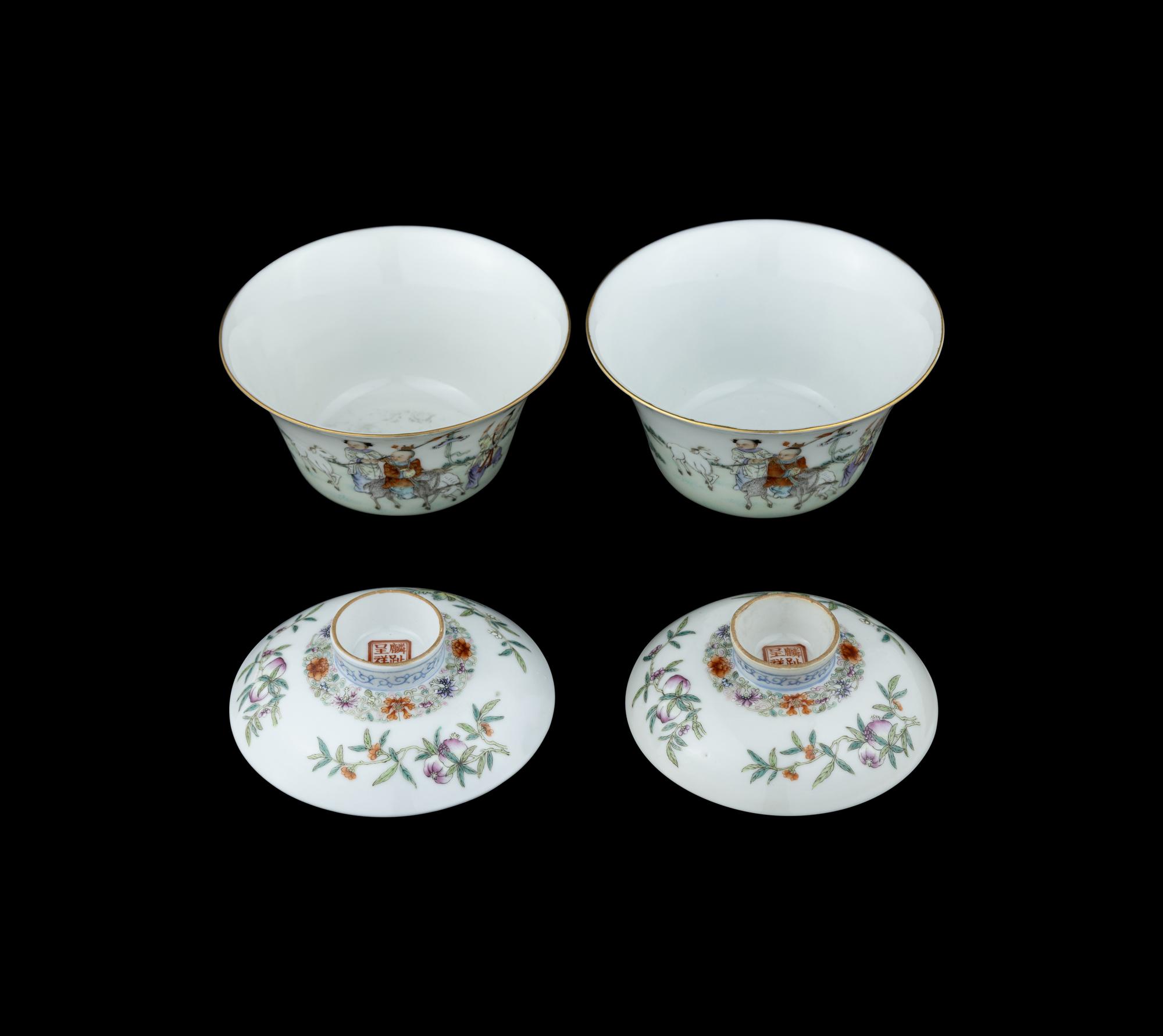 A Pair of Chinese Famille Rose Porcelain Covered Tea Bowls and Undertrays