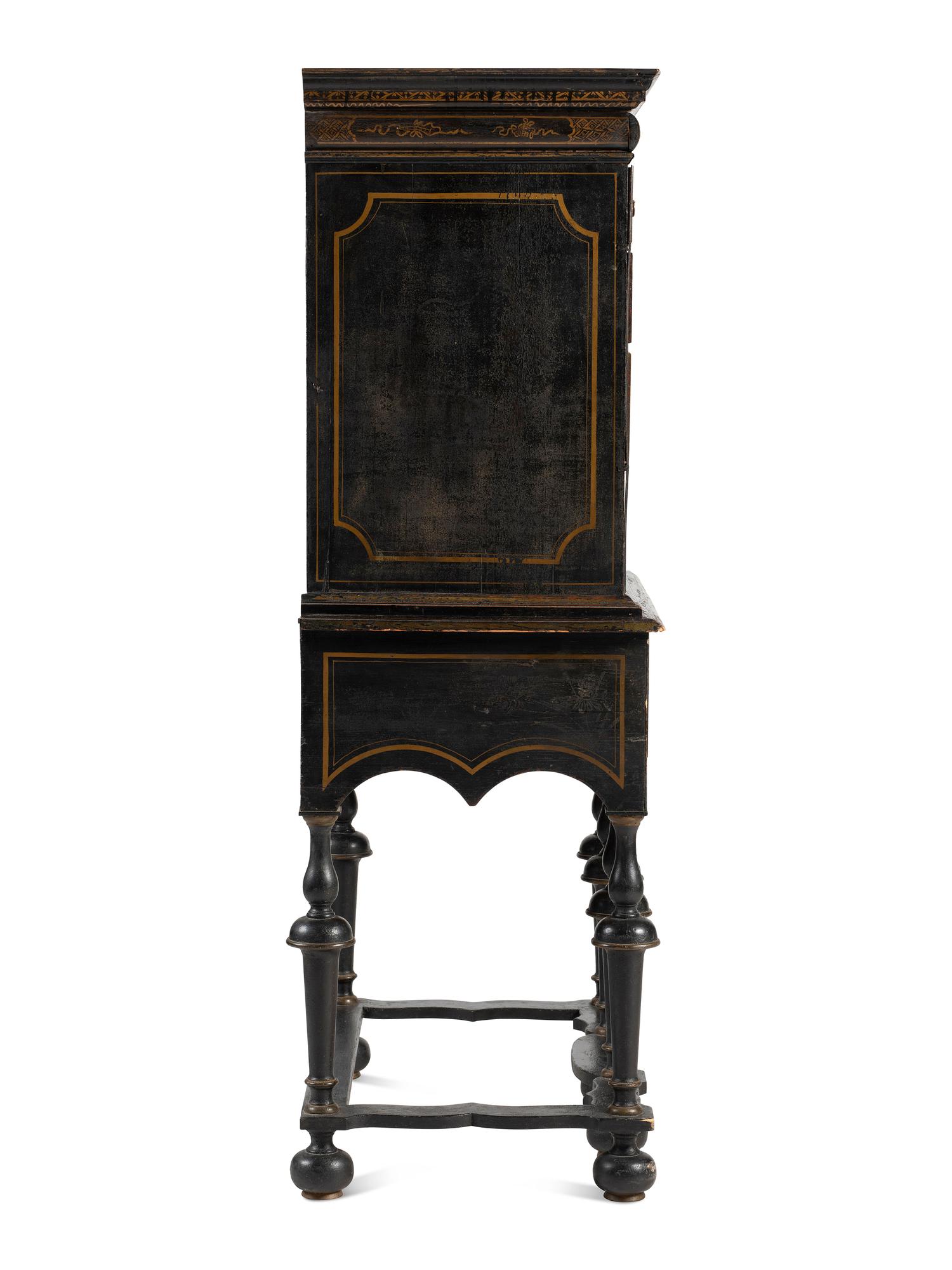 A William and Mary Japanned Maple and Pine Flat-Top High Chest