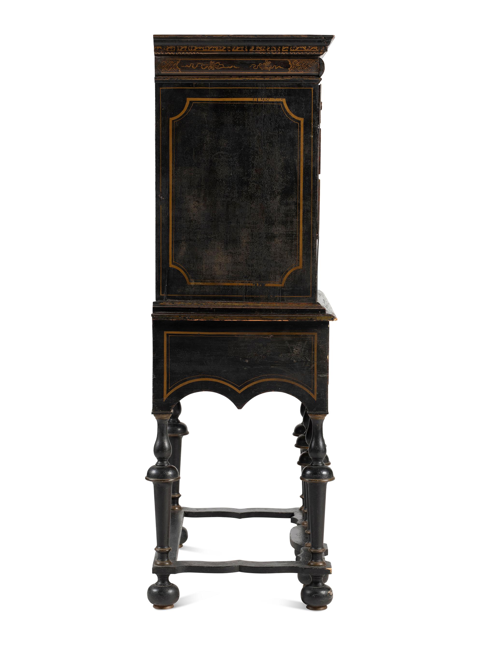 A William and Mary Japanned Maple and Pine Flat-Top High Chest
