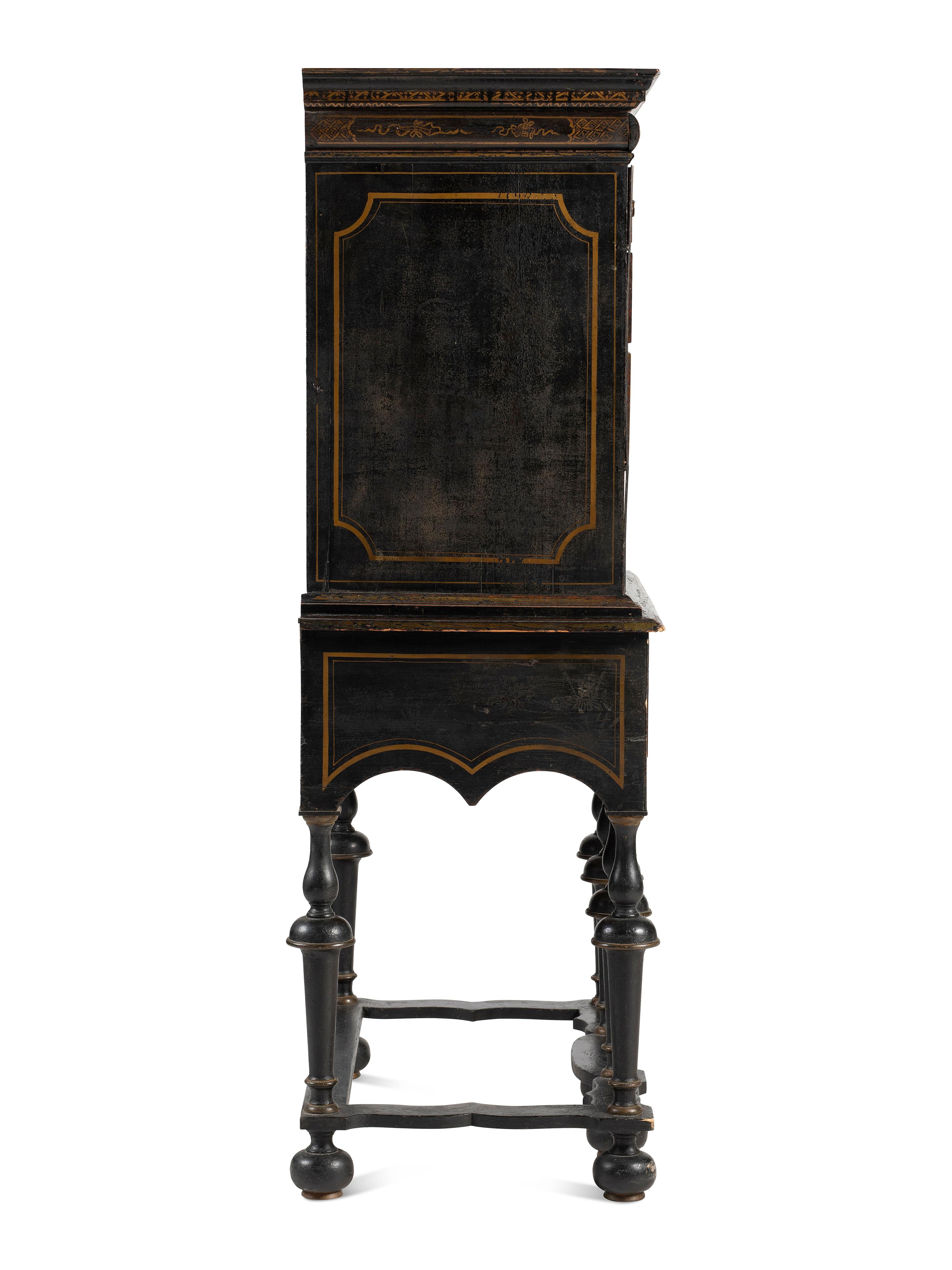 A William and Mary Japanned Maple and Pine Flat-Top High Chest