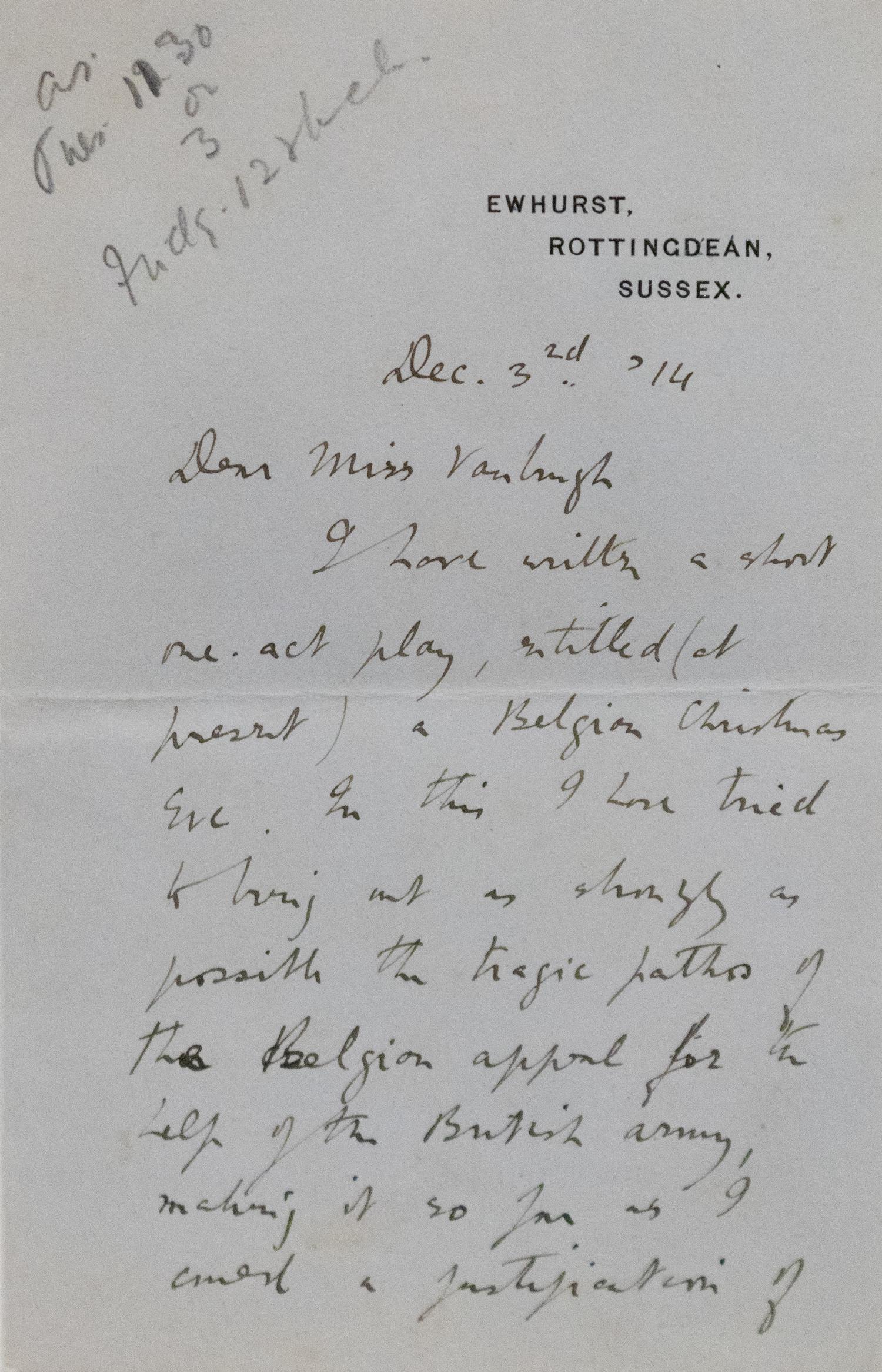 NOYES, Alfred (1880-1956), poet and playwright. Autograph letter signed (“Alfred Noyes”), to Miss [Irene] Vanbrugh. Ewhurst, Rottingdean, Sussex, 3 December 1914.