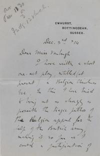 NOYES, Alfred (1880-1956), poet and playwright. Autograph letter signed (“Alfred Noyes”), to Miss [Irene] Vanbrugh. Ewhurst, Rottingdean, Sussex, 3 December 1914.