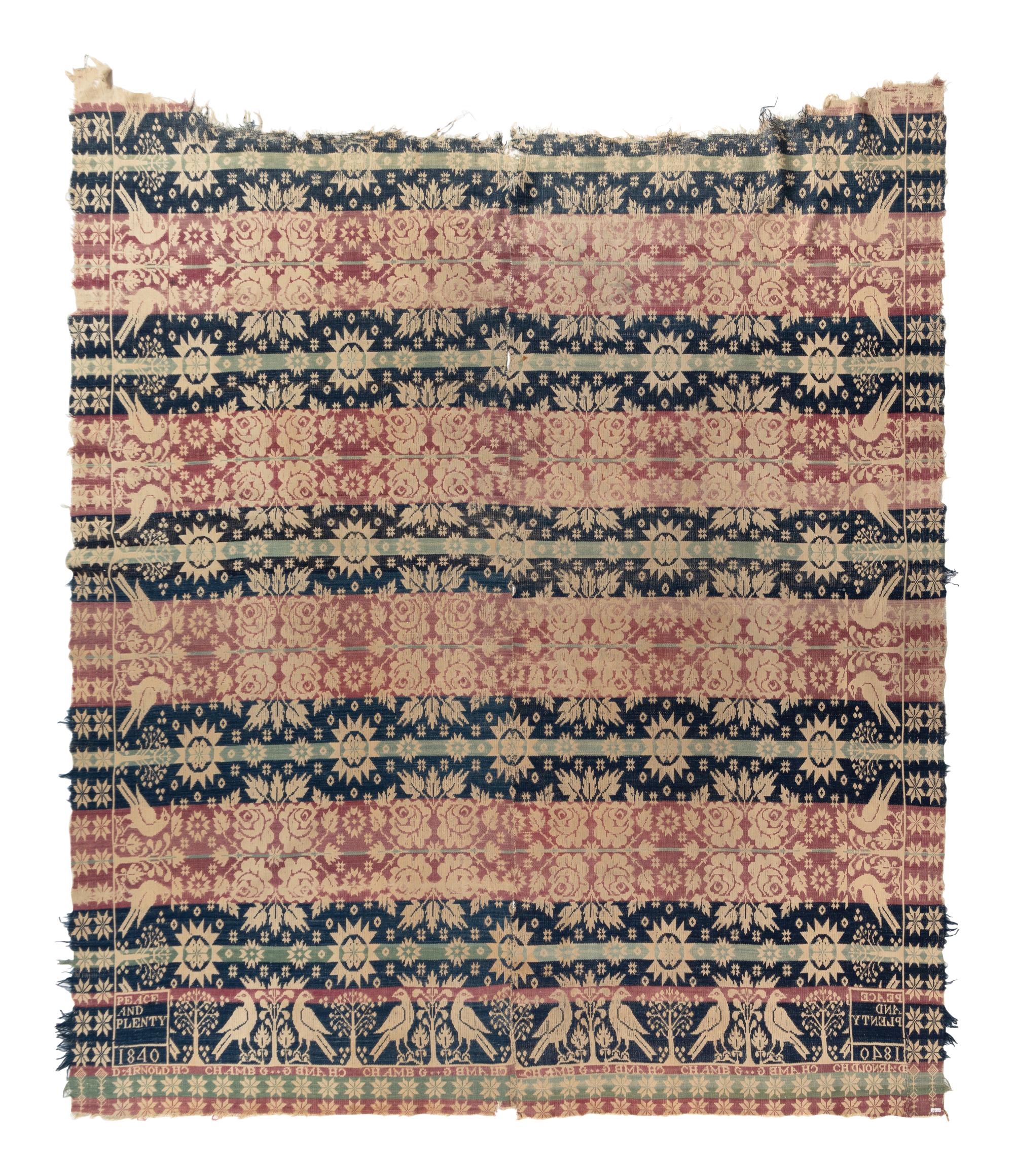 Two Jacquard Woven Cotton and Wool Coverlets