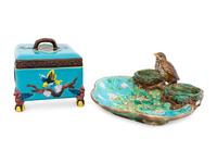 A George Jones Majolica Thrush Strawberry Server and Associated Italian Majolica Box