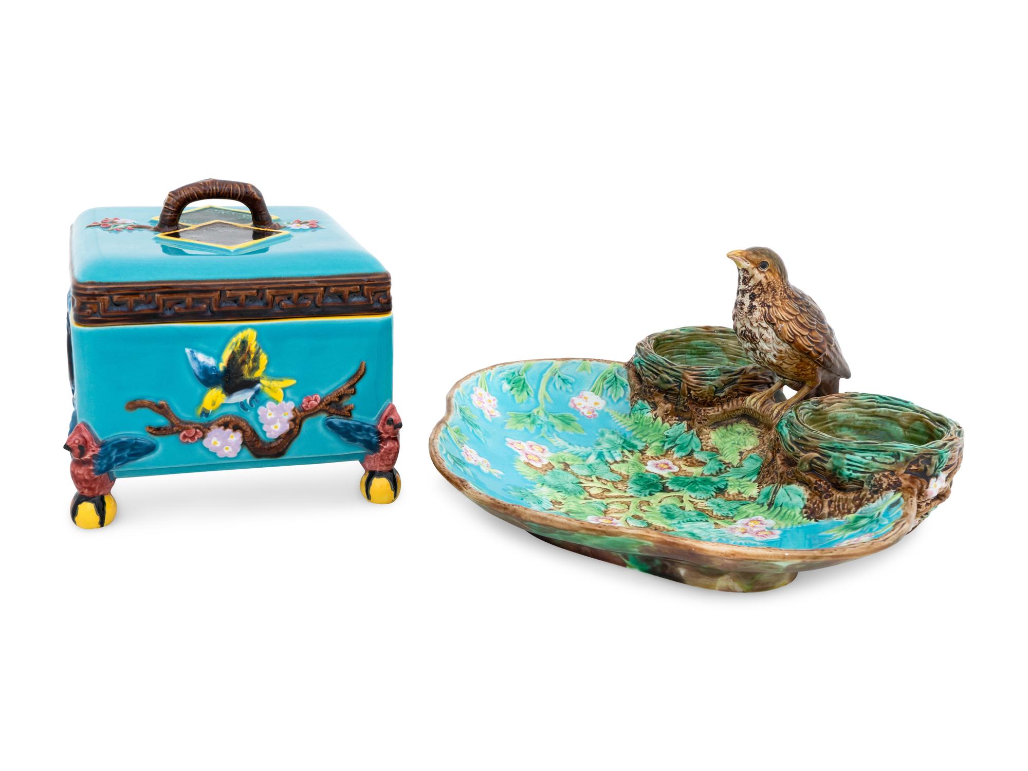 A George Jones Majolica Thrush Strawberry Server and Associated Italian Majolica Box