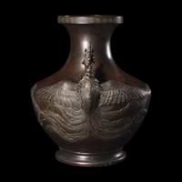 A Large Japanese Patinated Bronze 'Phoenix' Vase, Meiji/ Taisho Period 日本明治/大正 古銅雙鳳尊