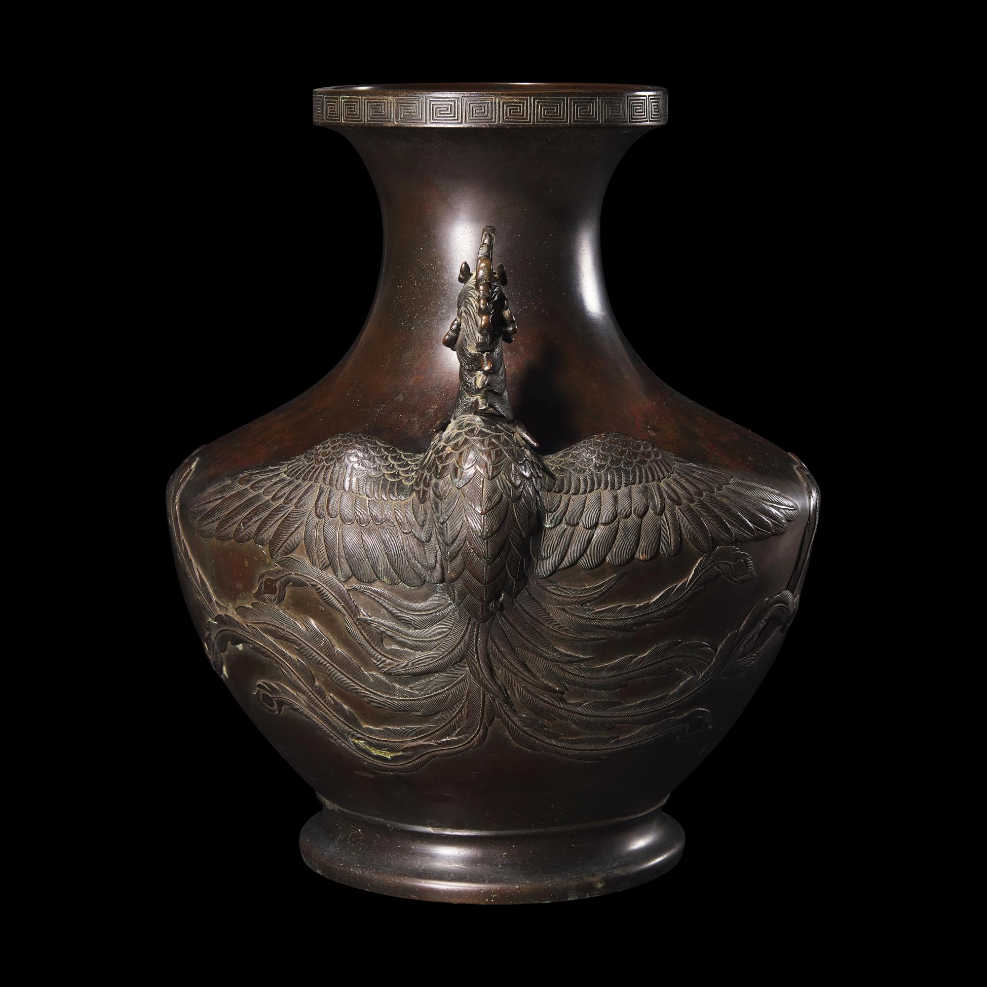 A Large Japanese Patinated Bronze 'Phoenix' Vase, Meiji/ Taisho Period 日本明治/大正 古銅雙鳳尊