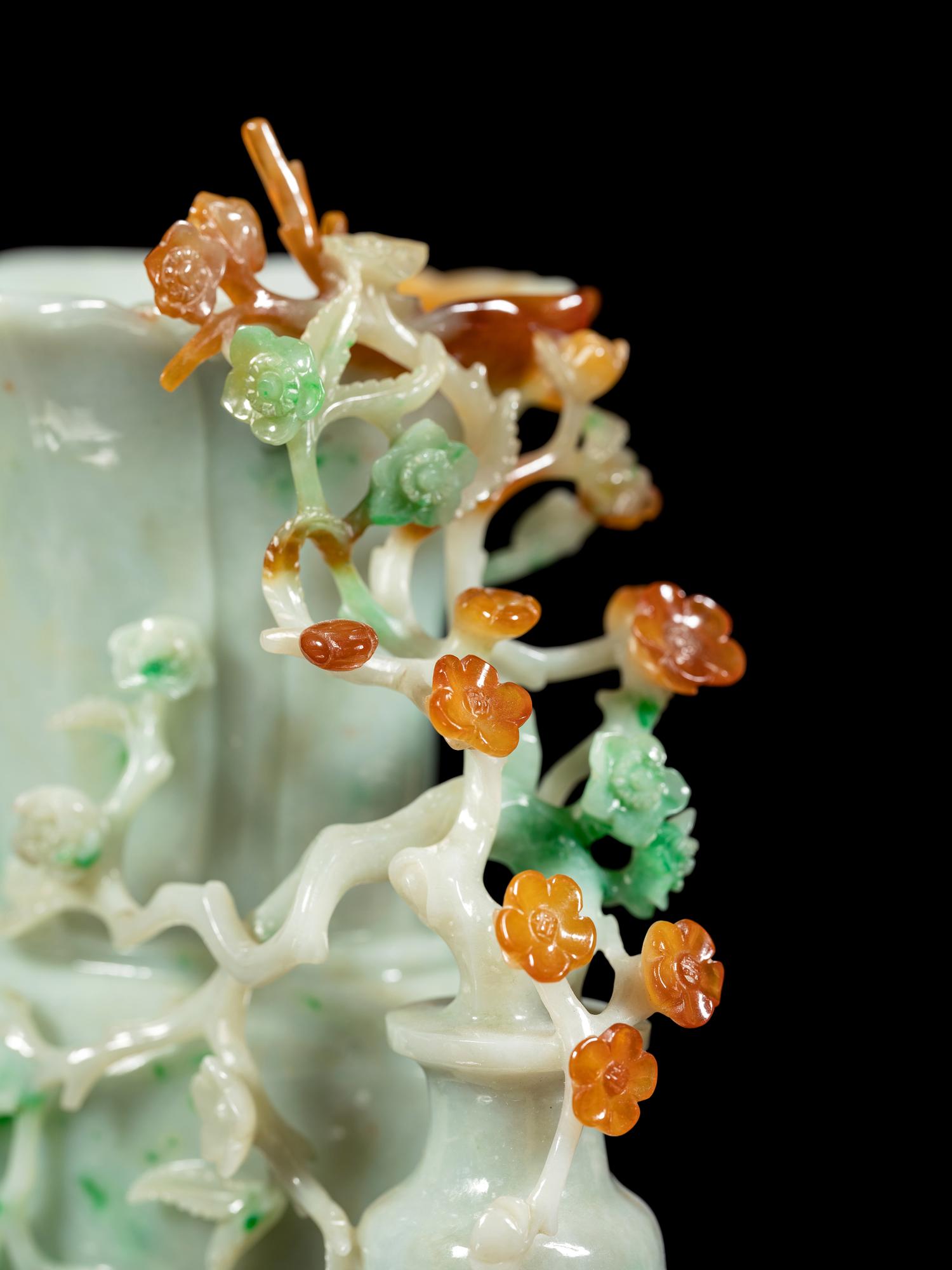 A Russet, Green and White Jadeite Double Vase Group