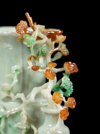 A Russet, Green and White Jadeite Double Vase Group