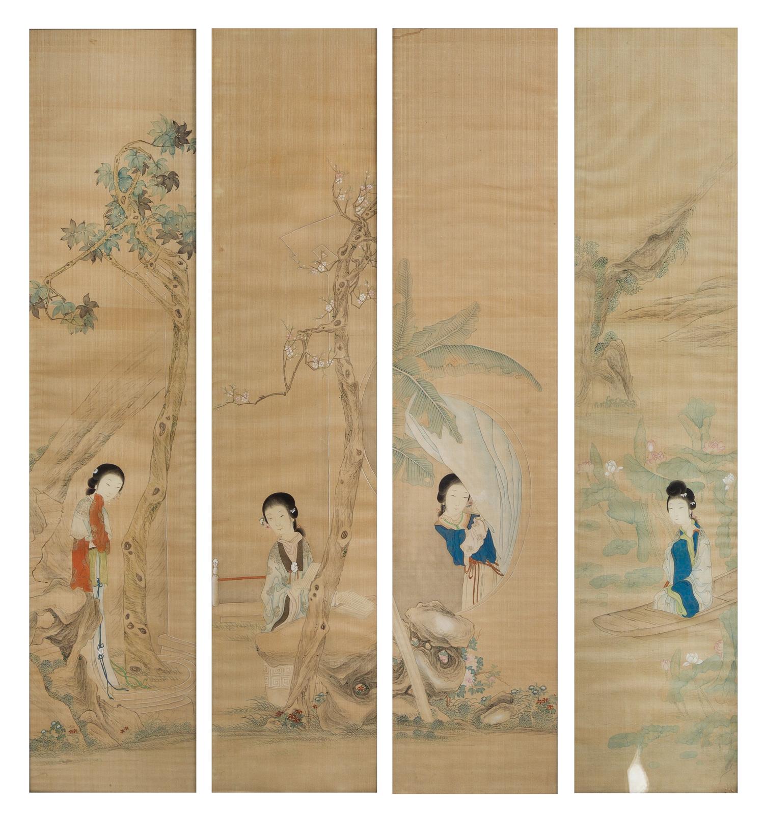 A Set of Four Ink and Color on Silk Paintings