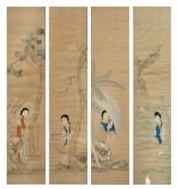A Set of Four Ink and Color on Silk Paintings