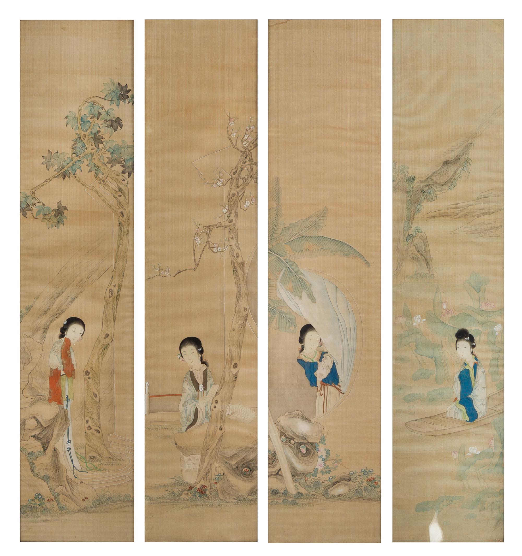 A Set of Four Ink and Color on Silk Paintings