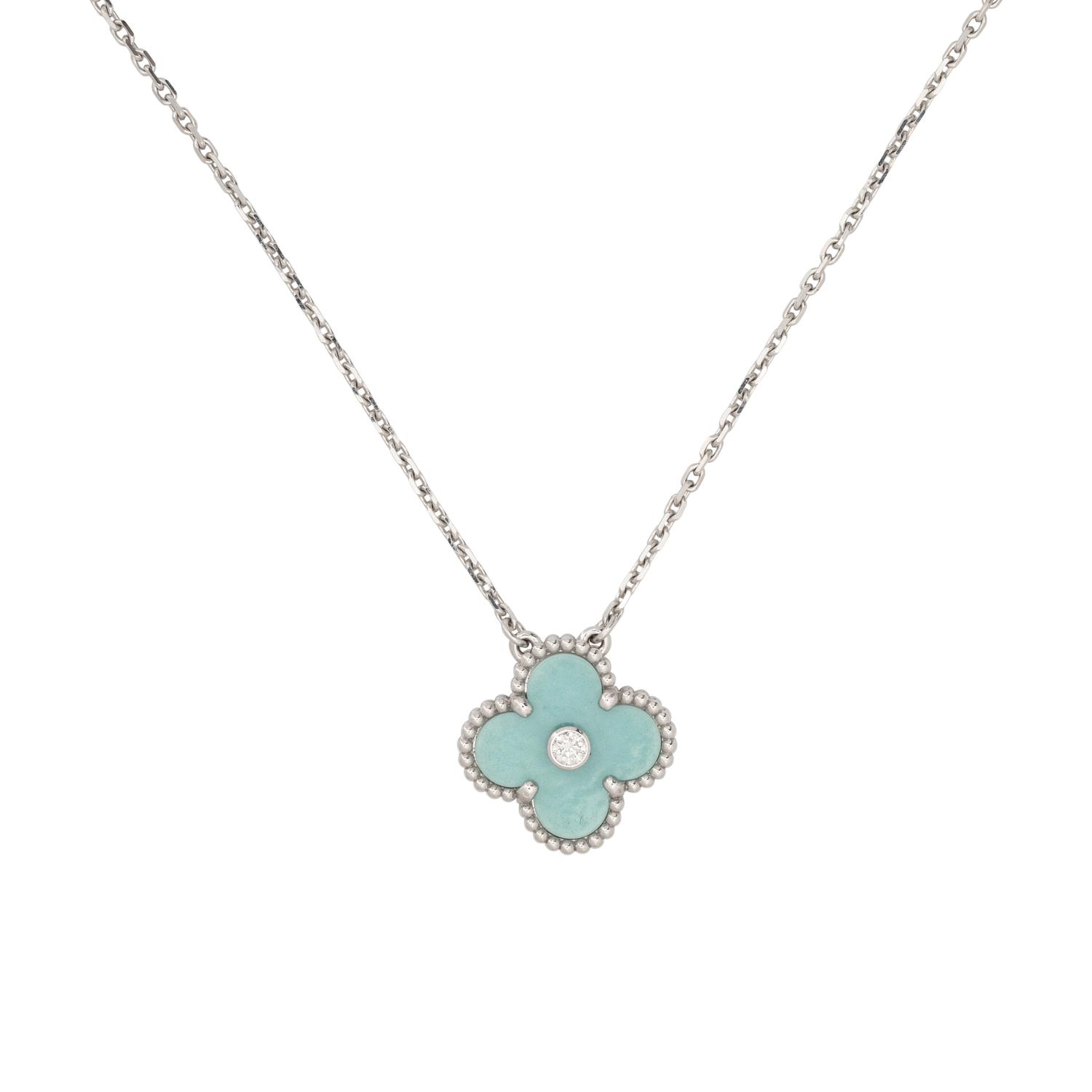 VAN CLEEF & ARPELS, WHITE GOLD, GREEN CELADON SEVRES PORCELAIN AND DIAMOND 'VINTAGE ALHAMBRA' NECKLACE