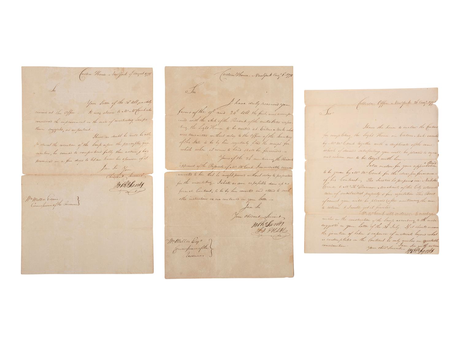 SANDS, Joshua (1757-1835). 3 ALSs. New York, 1798. Construction of Eaton's Neck Lighthouse.
