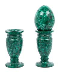 A Pair of Malachite Veneered Vases and a Malachite Egg