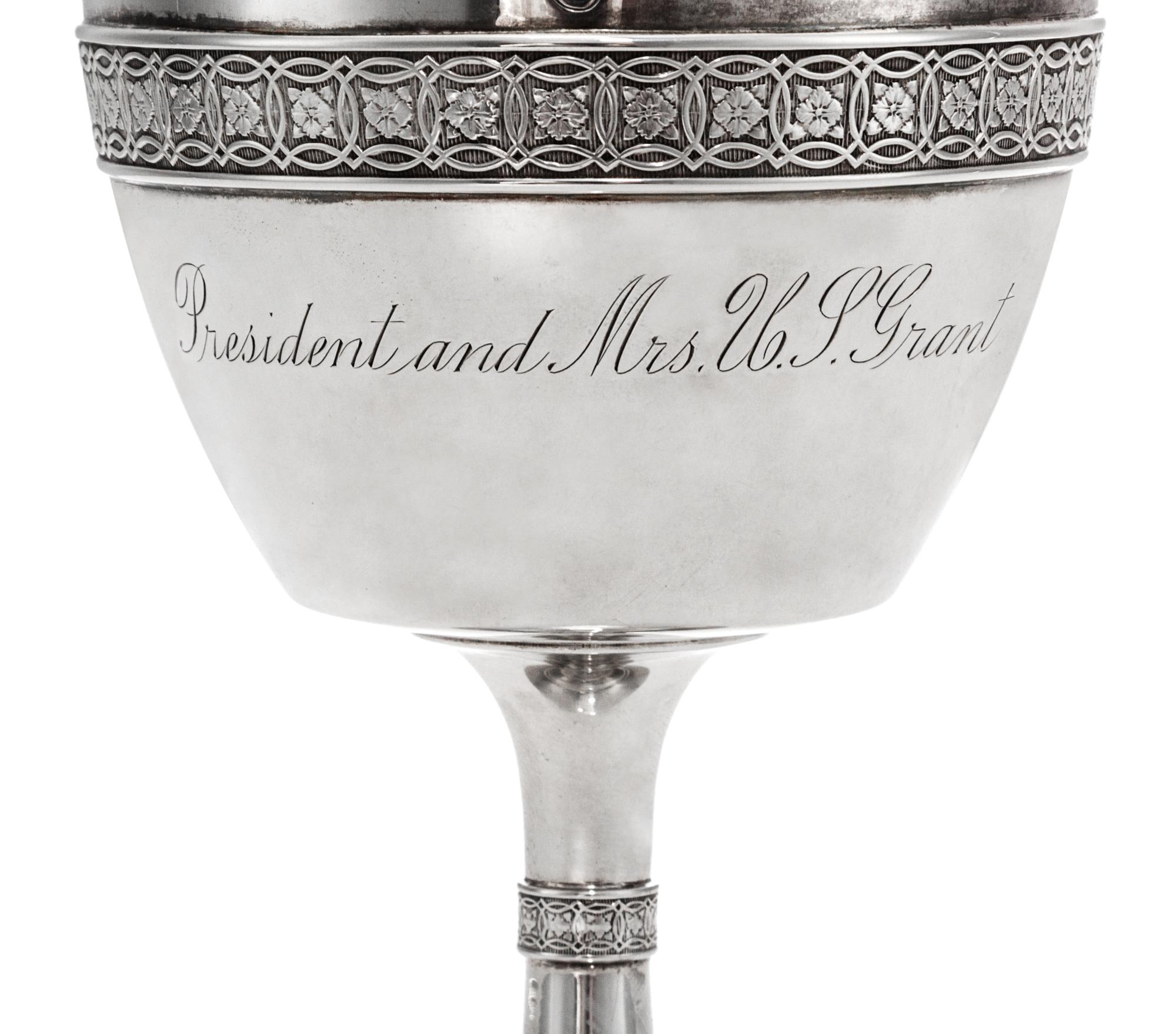 An American Silver Presidential Goblet, Tiffany & Co., New York, NY, Circa 1875, of baluster form with bright cut Aesthetic decorated b