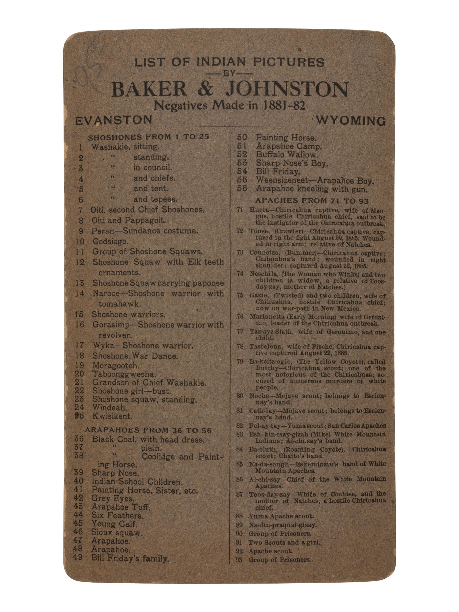 [NATIVE AMERICANS]. Cabinet photograph of Washakie and chiefs in council. Evanston, WY: Baker & Johnston, 1881-1882.