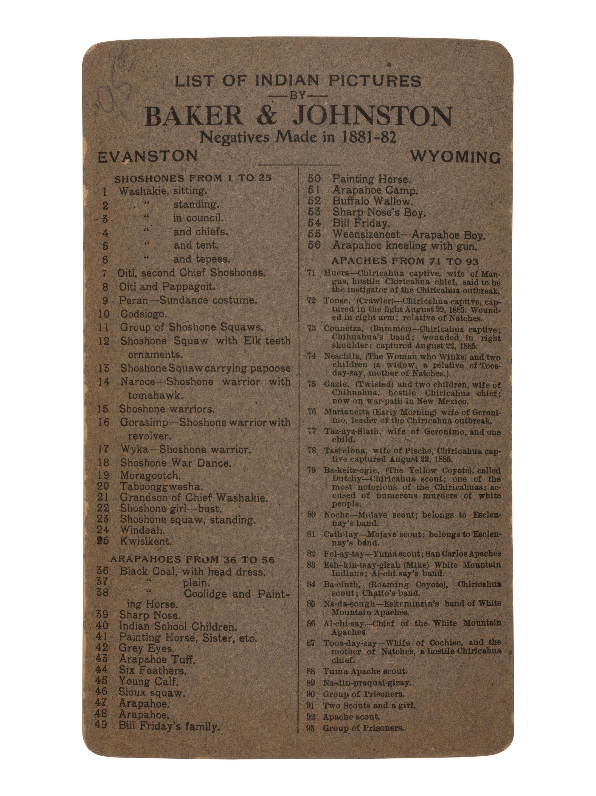 [NATIVE AMERICANS]. Cabinet photograph of Washakie and chiefs in council. Evanston, WY: Baker & Johnston, 1881-1882.