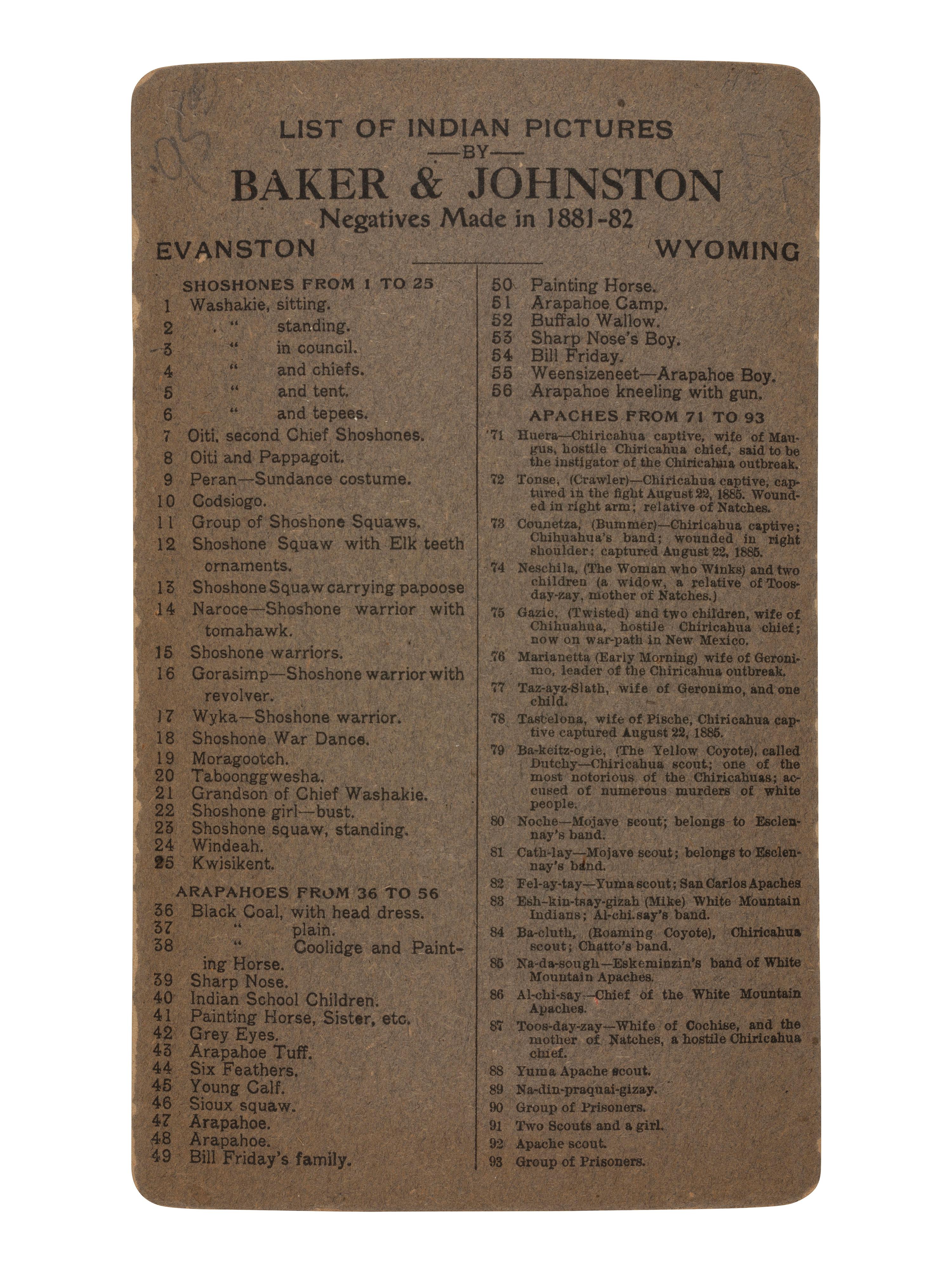 [NATIVE AMERICANS]. Cabinet photograph of Washakie and chiefs in council. Evanston, WY: Baker & Johnston, 1881-1882.