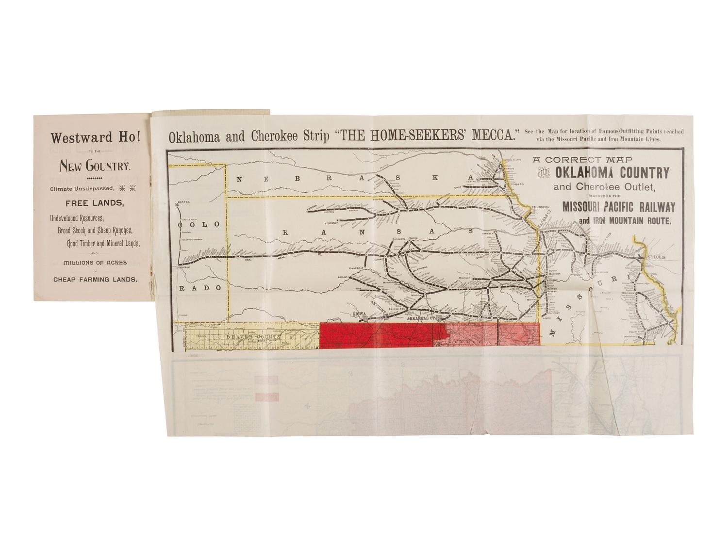 [MAPS -- OKLAHOMA LAND RUSH]. Statistics and Information Concerning the Indian Territory, Oklahoma, and the Cherokee Strip, With It’s Millions of Acres of Unoccupied Lands.... St. Louis, MO: Woodward & Tiernan Printing Co., [1893].