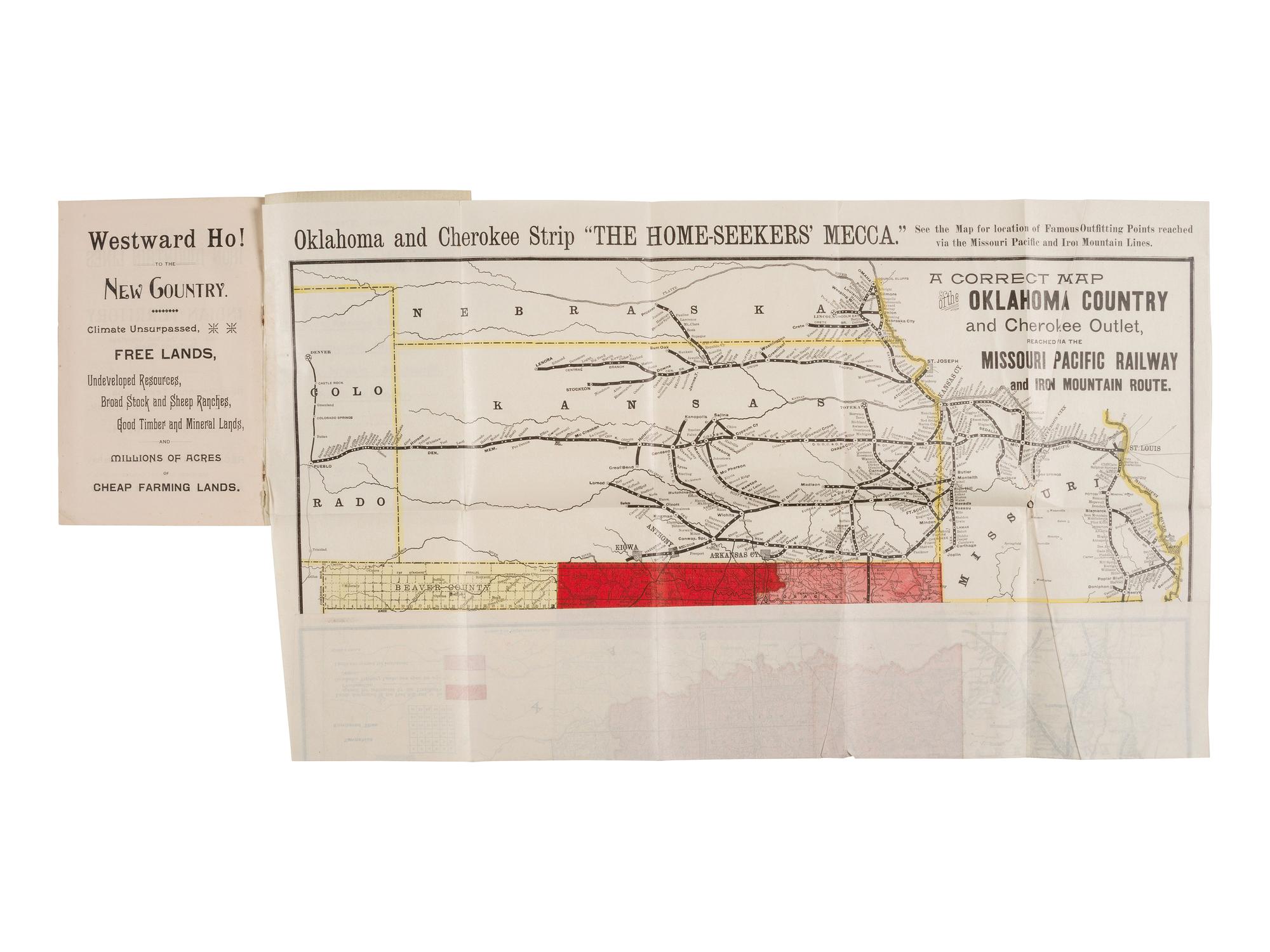 [MAPS -- OKLAHOMA LAND RUSH]. Statistics and Information Concerning the Indian Territory, Oklahoma, and the Cherokee Strip, With It’s Millions of Acres of Unoccupied Lands.... St. Louis, MO: Woodward & Tiernan Printing Co., [1893].