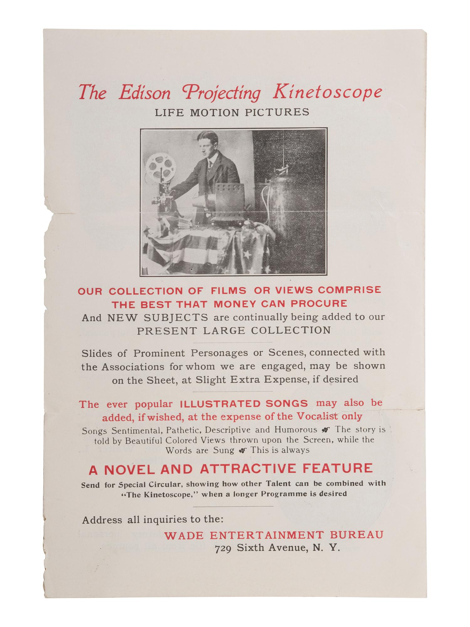 EDISON, Thomas (1847-1931). Typed letter signed ("Thos A Edison"). Orange, NY, 21 June 1921. [ With: ] Projecting Kinetoscope pamphlet.