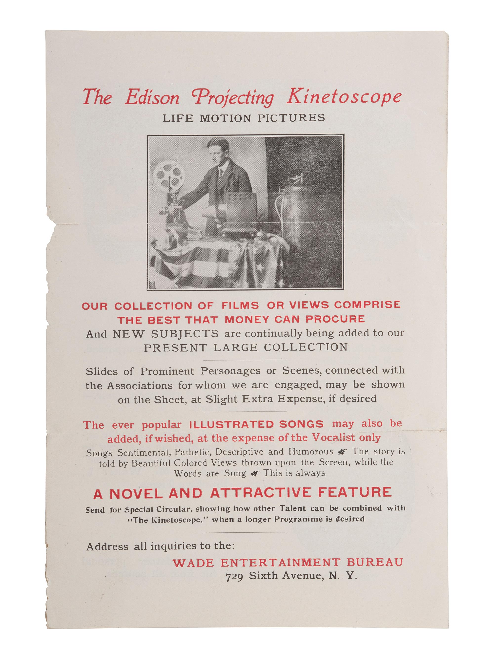 EDISON, Thomas (1847-1931). Typed letter signed ("Thos A Edison"). Orange, NY, 21 June 1921. [ With: ] Projecting Kinetoscope pamphlet.