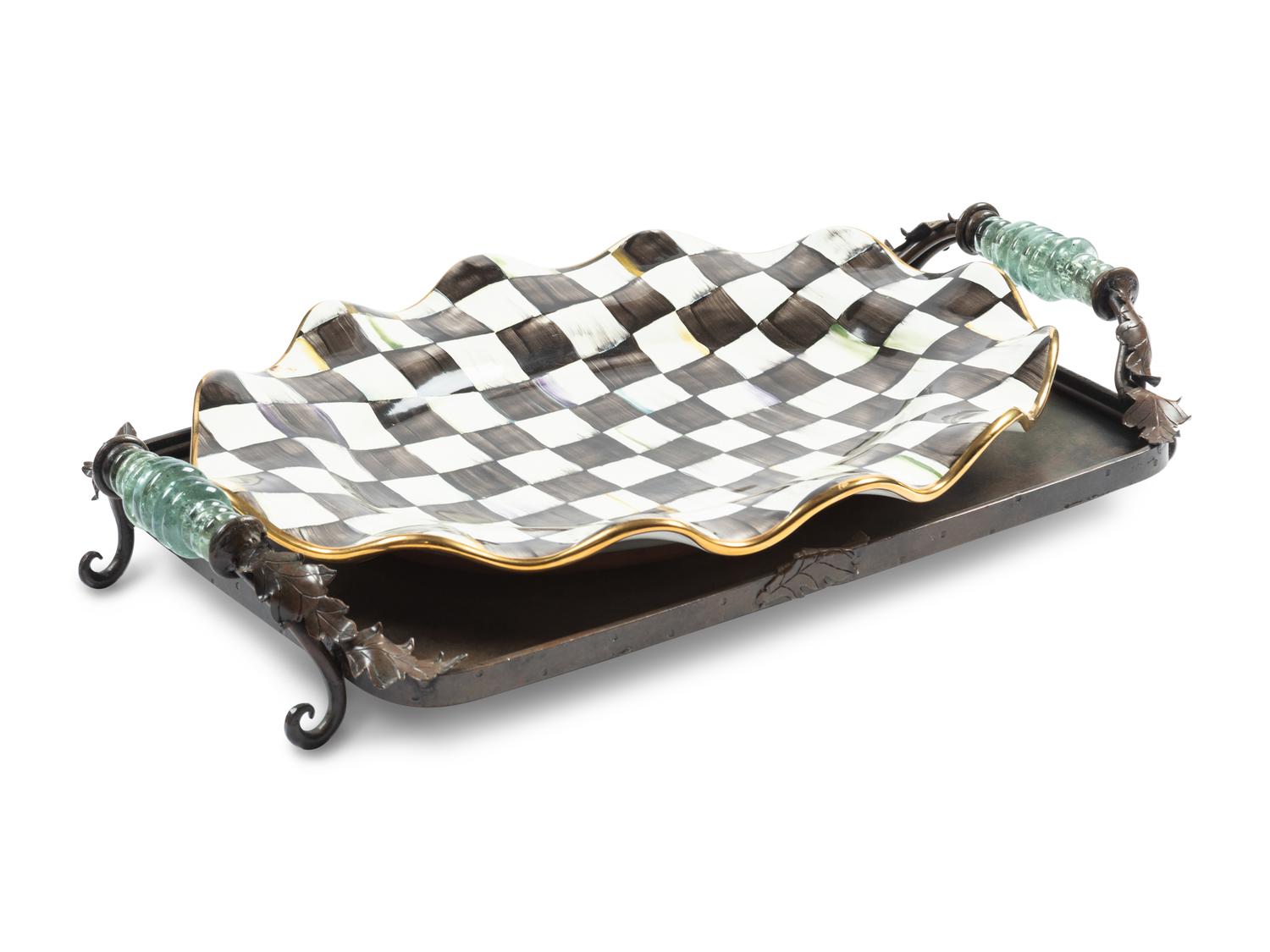 A MacKenzie-Childs Courtly Checked Ceramic Serving Platter and a Metal Serving Tray
