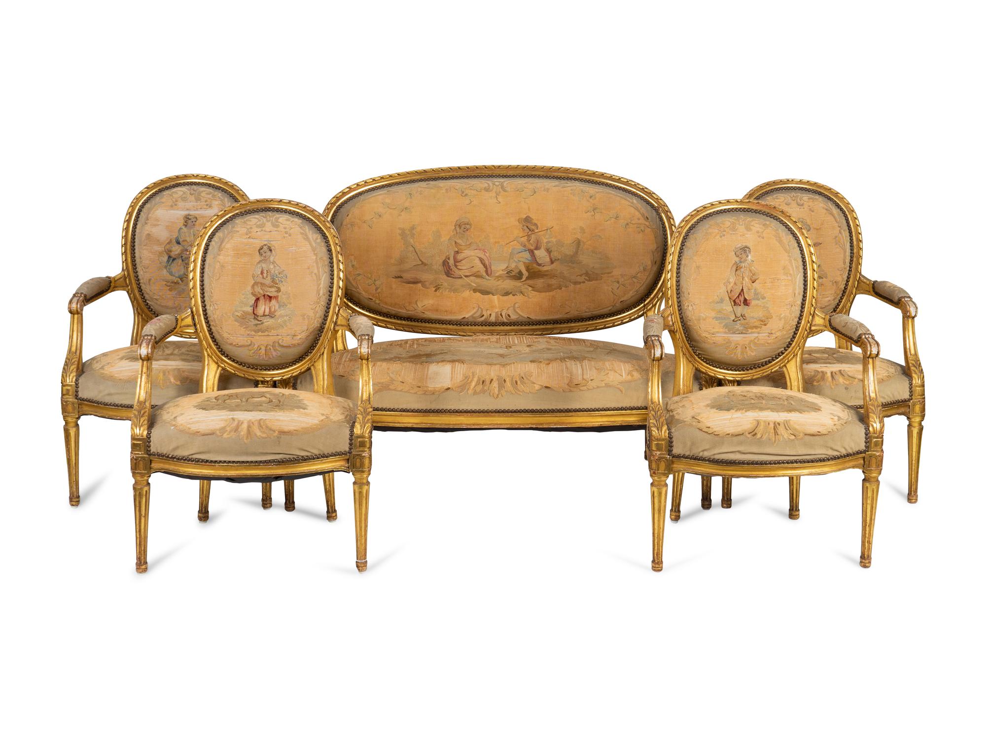 A Louis XVI Style Aubusson Tapestry-Upholstered Giltwood Five-Piece Salon Suite — LATE 19TH/EARLY 20TH CENTURY