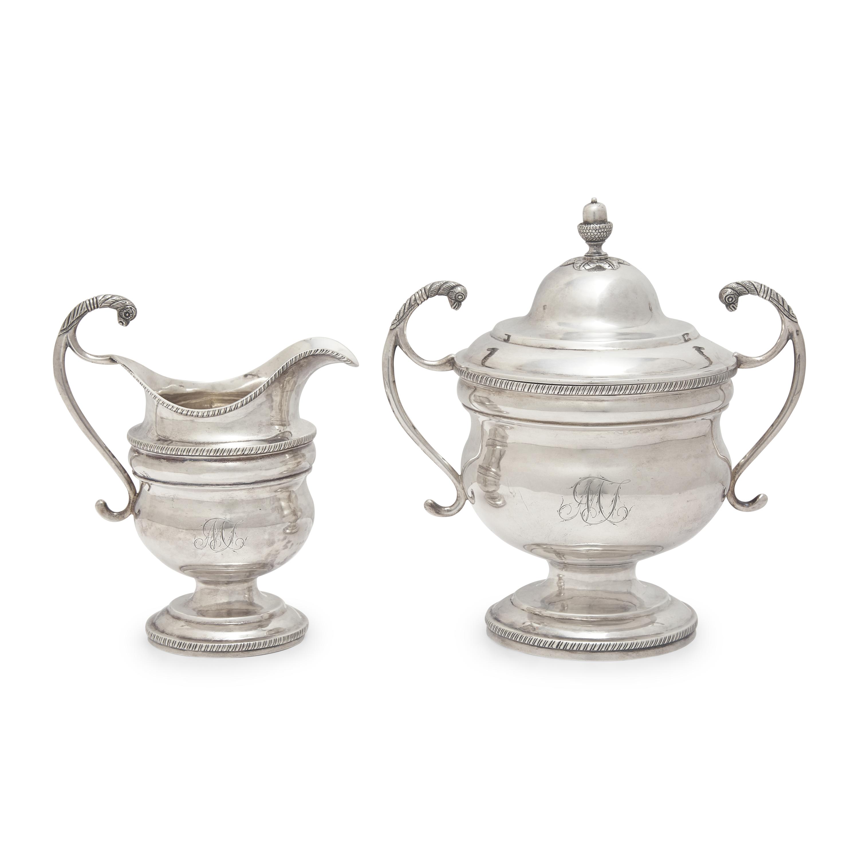 A Federal Silver Covered Sugar Dish and Creamer