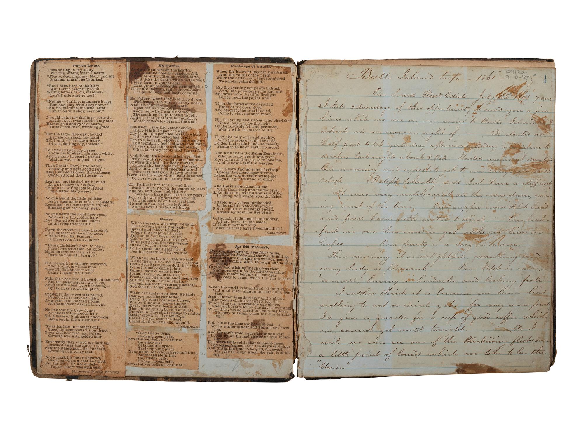 [CIVIL WAR]. Manuscript book documenting the wartime experiences of a 1st South Carolina Infantry private occupying captured Union forts near Charleston, SC. 1861.