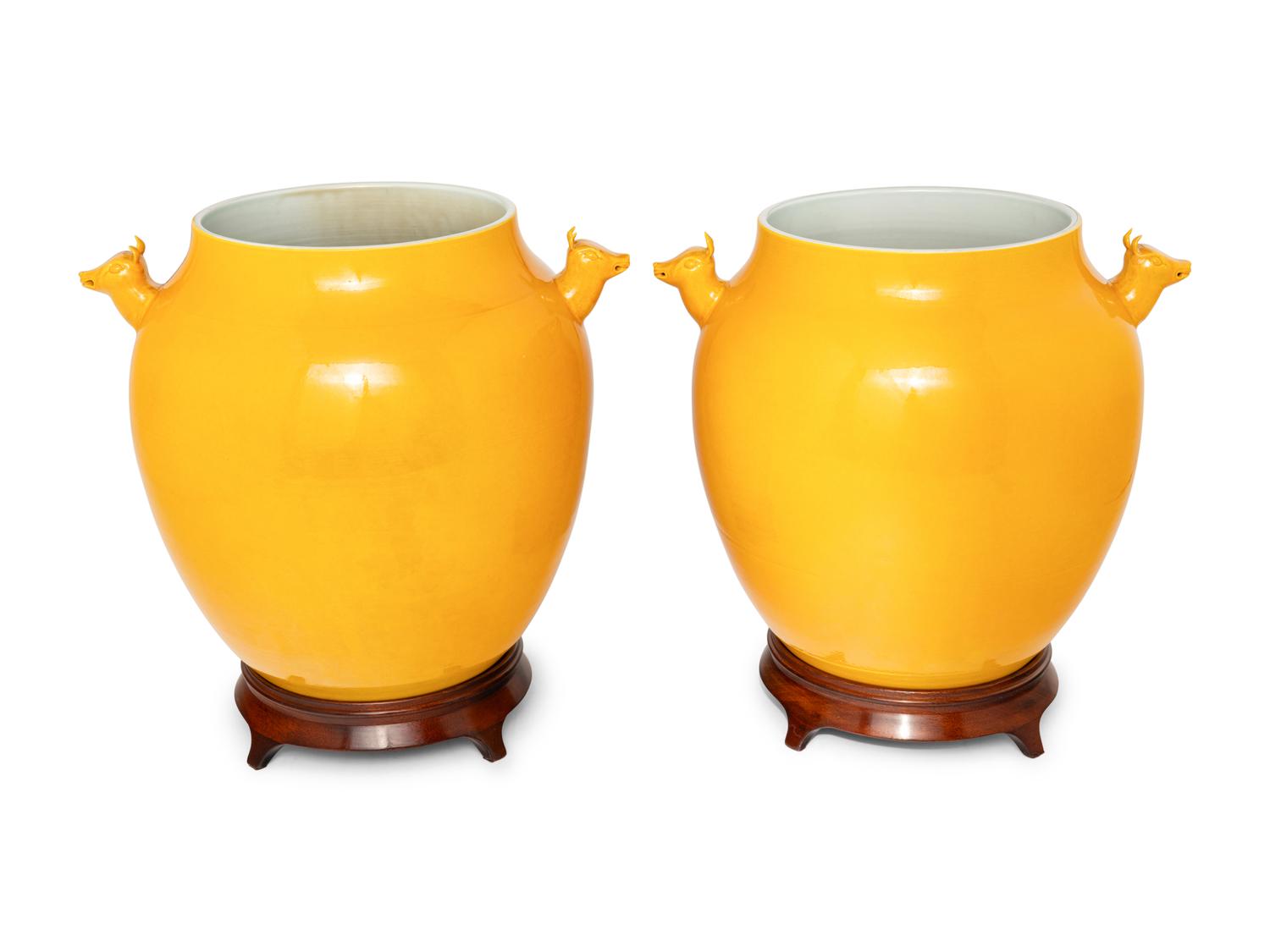 A Pair of Chinese Yellow Glazed Porcelain 'Deer' Jars