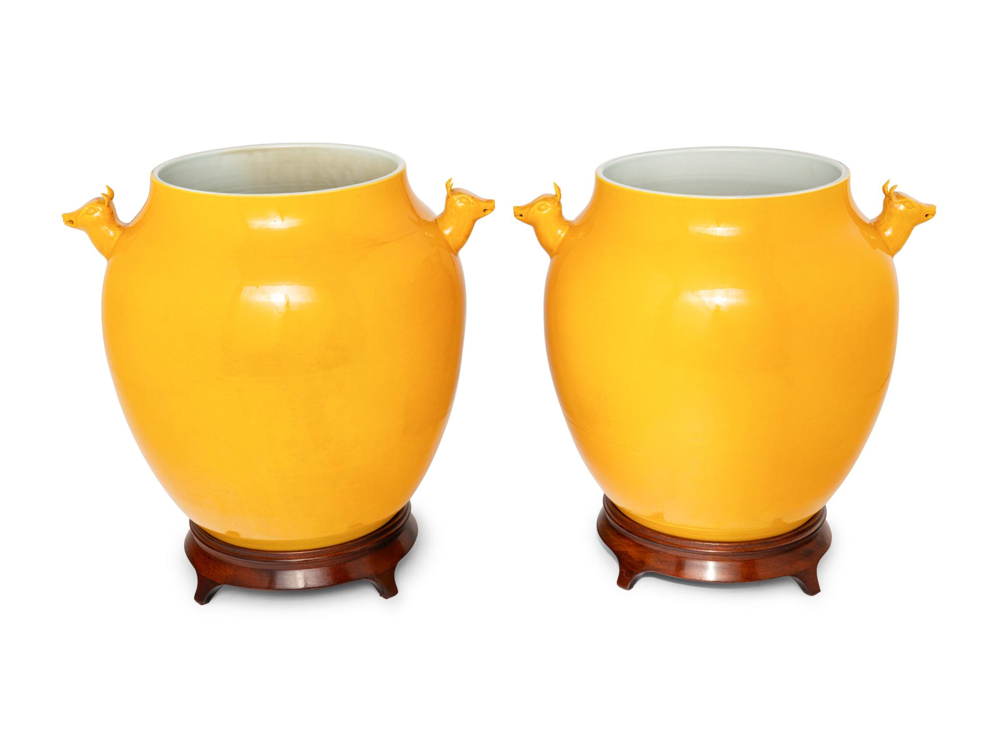 A Pair of Chinese Yellow Glazed Porcelain 'Deer' Jars