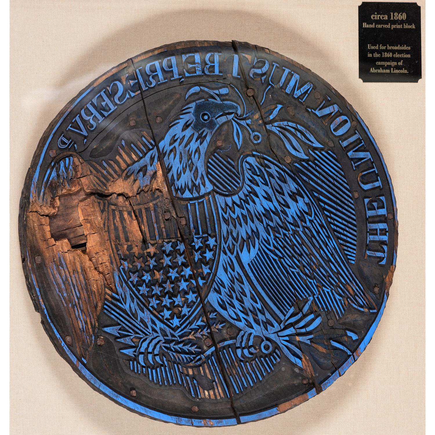 [LINCOLNIANA]. Patriotic hand-carved woodblock used for printed political campaign broadsides. N.p.: n.d., [ca 1860].